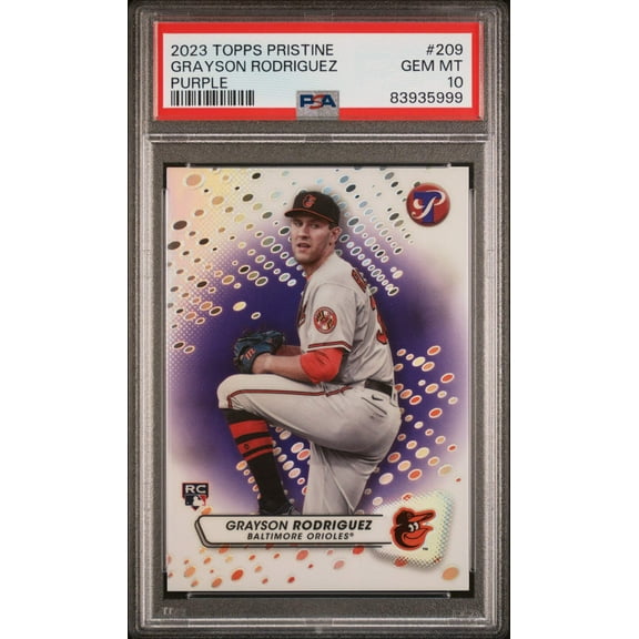 Graded 2023 Topps Pristine Grayson Rodriguez #209 Purple #/99 Rookie RC Baseball Card PSA 10 Gem Mint