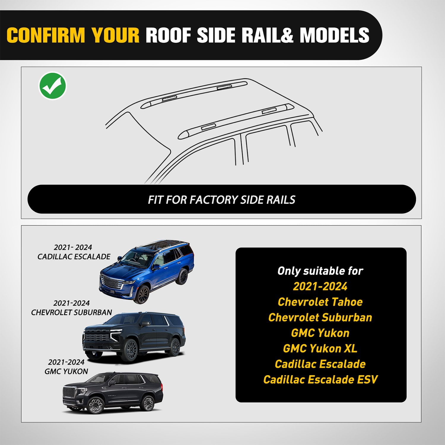 Roof Rack Cross Bars Compatible with Chevrolet Tahoe Suburban GMC Yukon Cadillac Escalade 2021 22 23 2024, Adjustable Aluminum Car Crossbars for Cargo Carrier Luggage Box Kayak Tent Snowboard