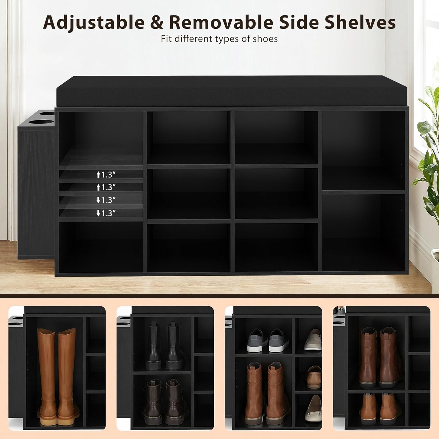 Shoe Storage Bench with Umbrella Holder, 40" Shoe Organizer with Cushioned Seat, 10 Cubbies & Adjustable Shelves, Wooden Industrial Shoe Rack for Entryway, Living Room, Bedroom