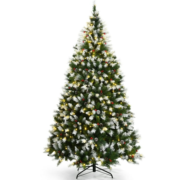 Topbuy 7.5ft Pre-lit Snowy Christmas Tree Pre-strung Xmas Decoration Tree w/ 550 Warm White LED Lights & 1398 PVC Tips