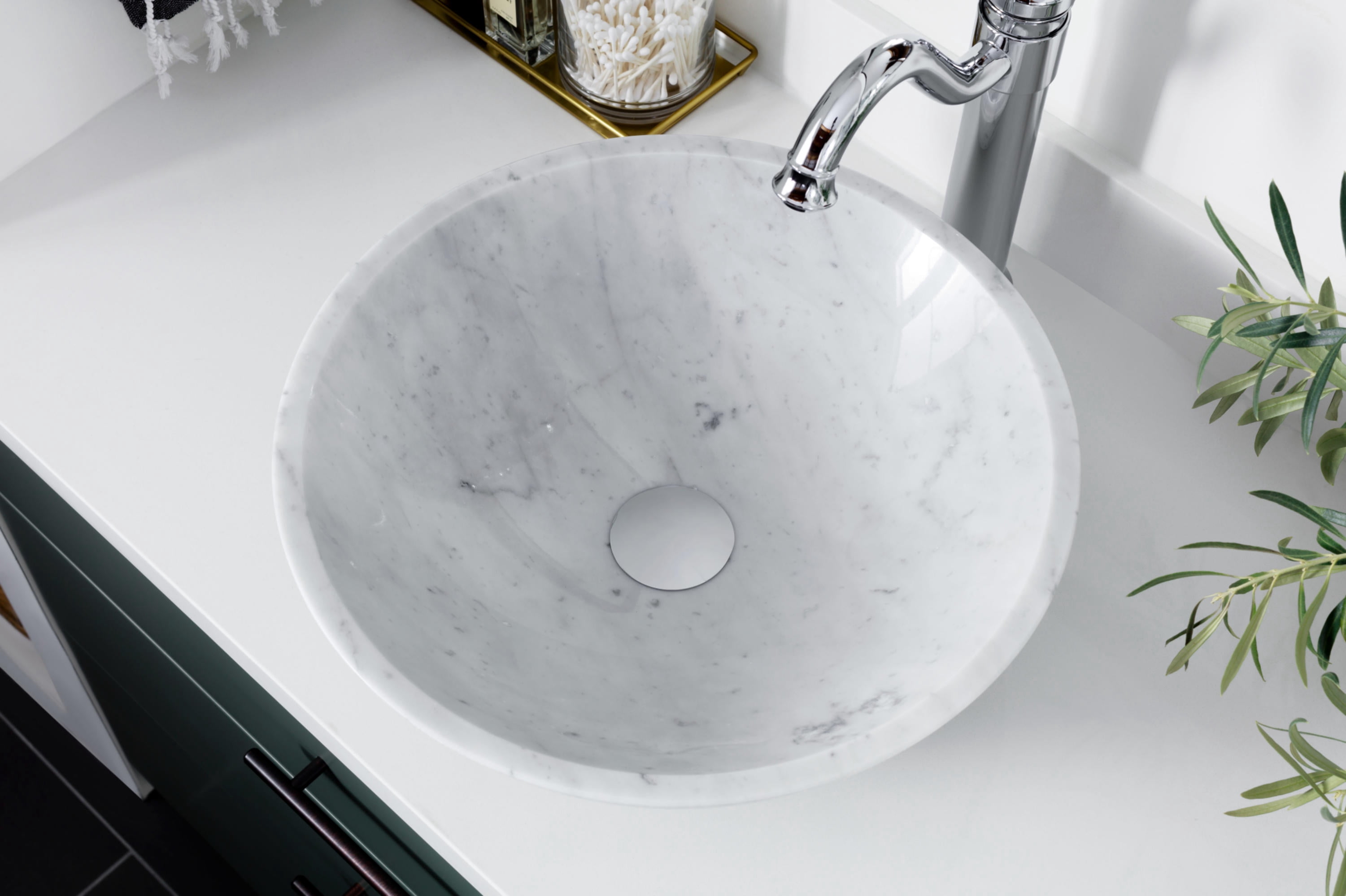 Miseno MNO-WC-BN Circular 17" Carrera Marble Bathroom Sink; Brushed Nickel Drain