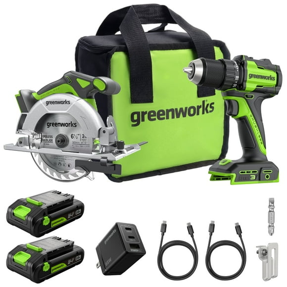 Greenworks 24V Cordless Brushless 400 in-lbs Drill / Driver + 6.5" Circular Saw, 4,800 RPM, Cutting Depth 45°/90° (2) 2.0Ah USB-C Batteries(12,000mAh Power Bank) and 65W USB-C Fast Charger(3-Port)