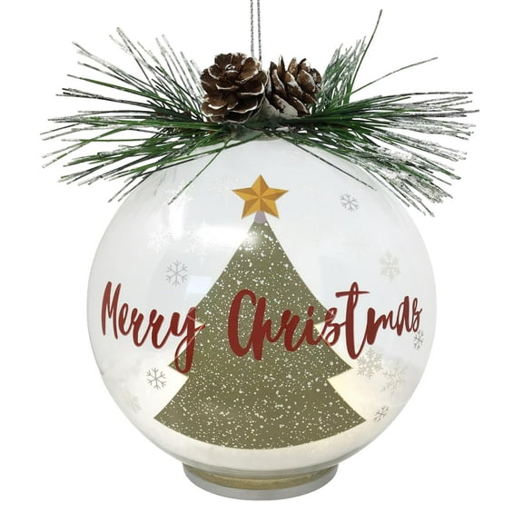Merry Christmas Lighted Ball Ornament - White Glittery Snow and a Christmas Tree and Star Design - Pine Cones and Holiday Greenery Decor- 4" Diameter - 1930