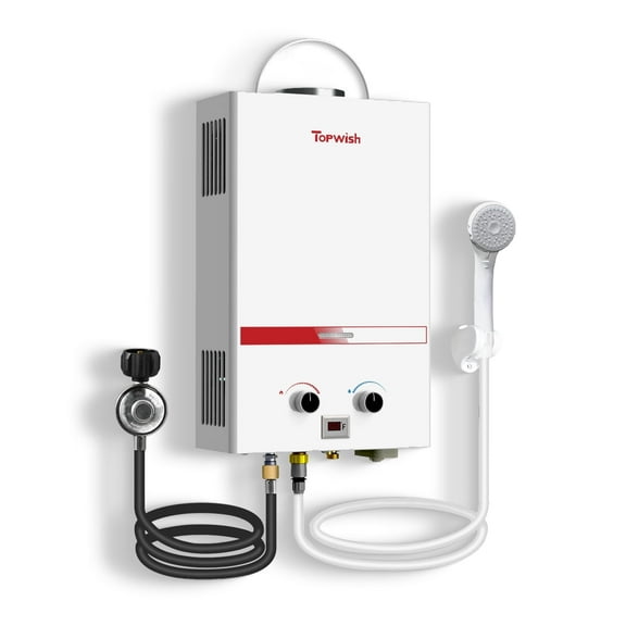 TOPWISH 8L Tankless Propane Water Heater, 2.11 GPM Portable Camping Hot Water Heater, 54,500 BTU, Digital Display, 6-in-1 Safety Protection, Battery-Powered for Outdoor RV Shower & Cabin