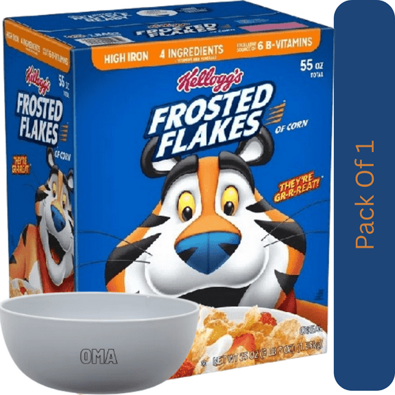 Kellogg's Frosted Flakes Breakfast Cereal, 55 oz Family Size With White Bowl By OMA