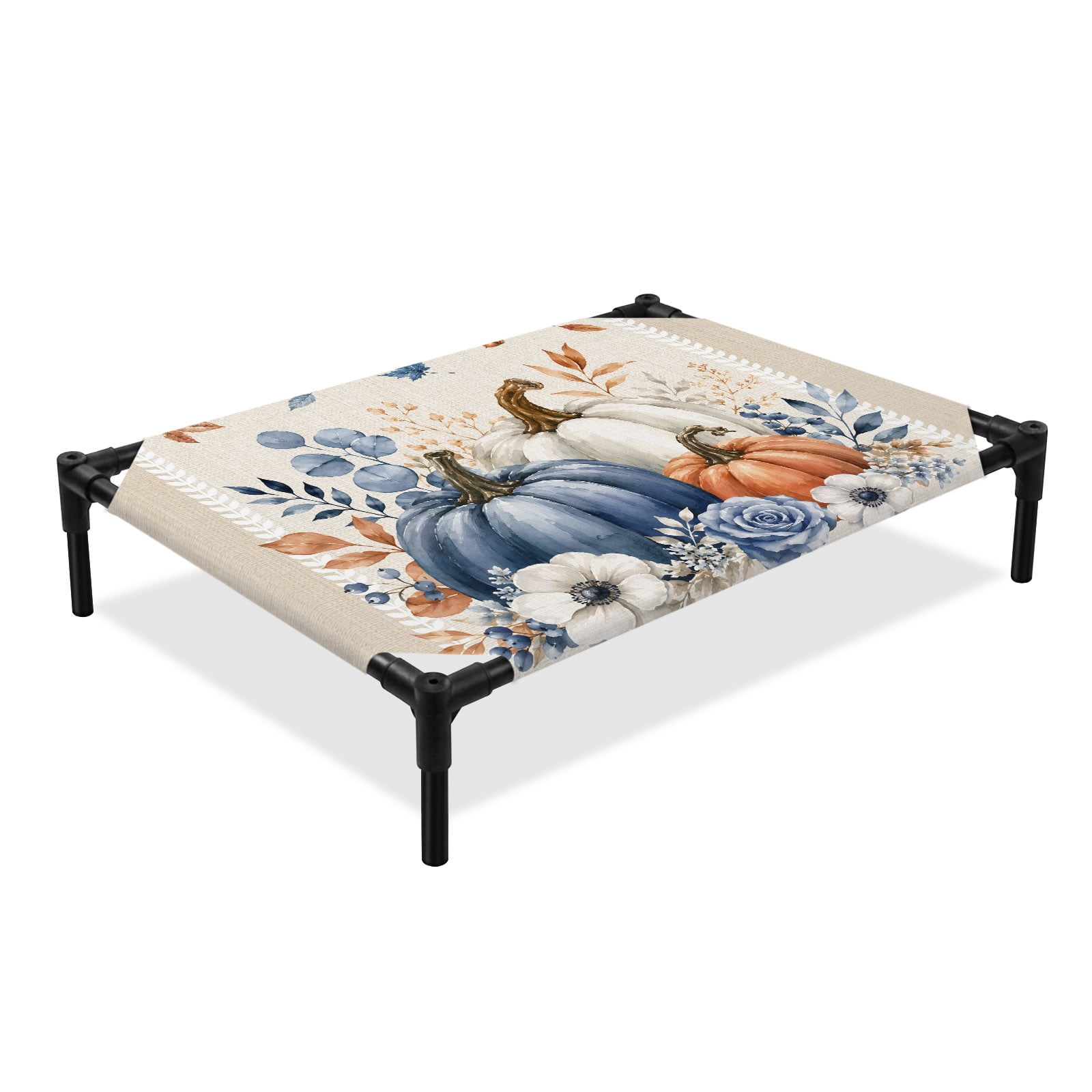 Autumn Harvest Elevated Dog Bed Blue White Orange Pumpkin Flowers Rustic Linen Cooling Breathable Outdoor Raised Dog Cot Bed with Metal Frame Non-Slip Feet for Large Dog 28x22in