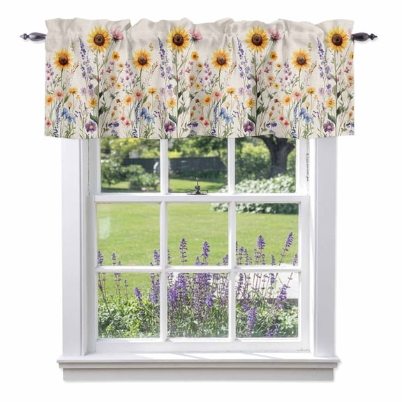Sunflowers Lavender Valance Curtains, Spring Summer Rod Pocket Short Window Curtain for Kitchen Bathroom Bedroom, 42"x18"