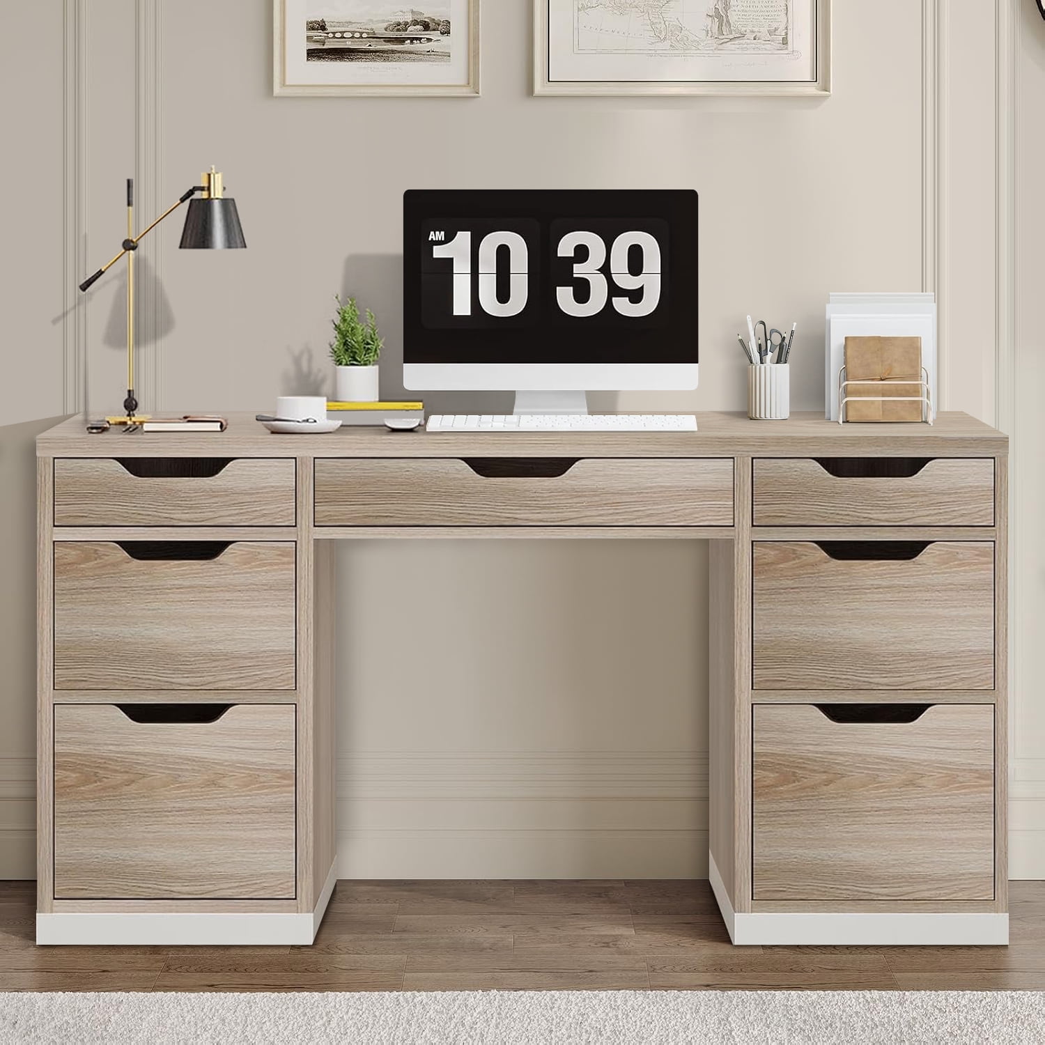 DreamCurship 55 inch Computer Desk with 7 Drawers, Executive Office Desk with Storage, Home Office Desk for Work Study Writing, Gray