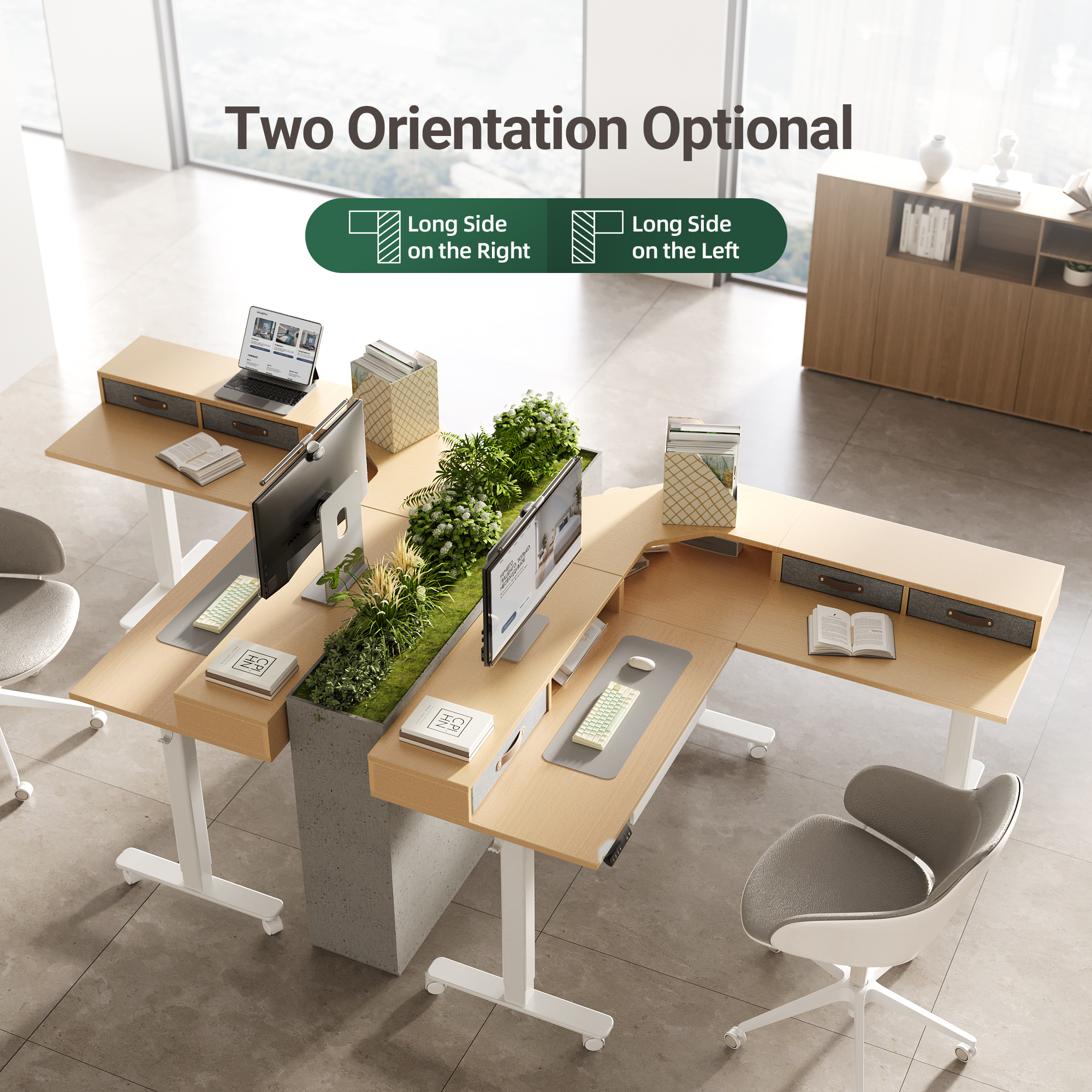 INNOVAR Dual Motor 63" L Shaped Standing Desk with 4 Drawers, Sit to Stand Study Desk Electric Height Adjustable Stand up Computer Desk with Monitor Stand & Splice Board, White Frame/Nature Top