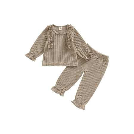 

Sunisery 2PCS Toddler Baby Girls Fall Spring Outfits Ruffle Long Sleeve Knitted Pullover Tops Harem Pants Set Light Coffee 18-24 Months