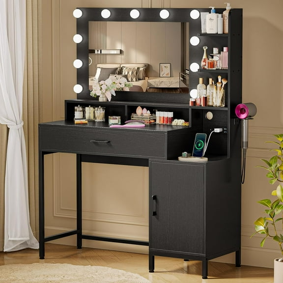 Vanity Desk with Mirror and Lights, Makeup Vanity with Storage Drawer, Power Outlet and Large Cabinet for Bedroom - Black