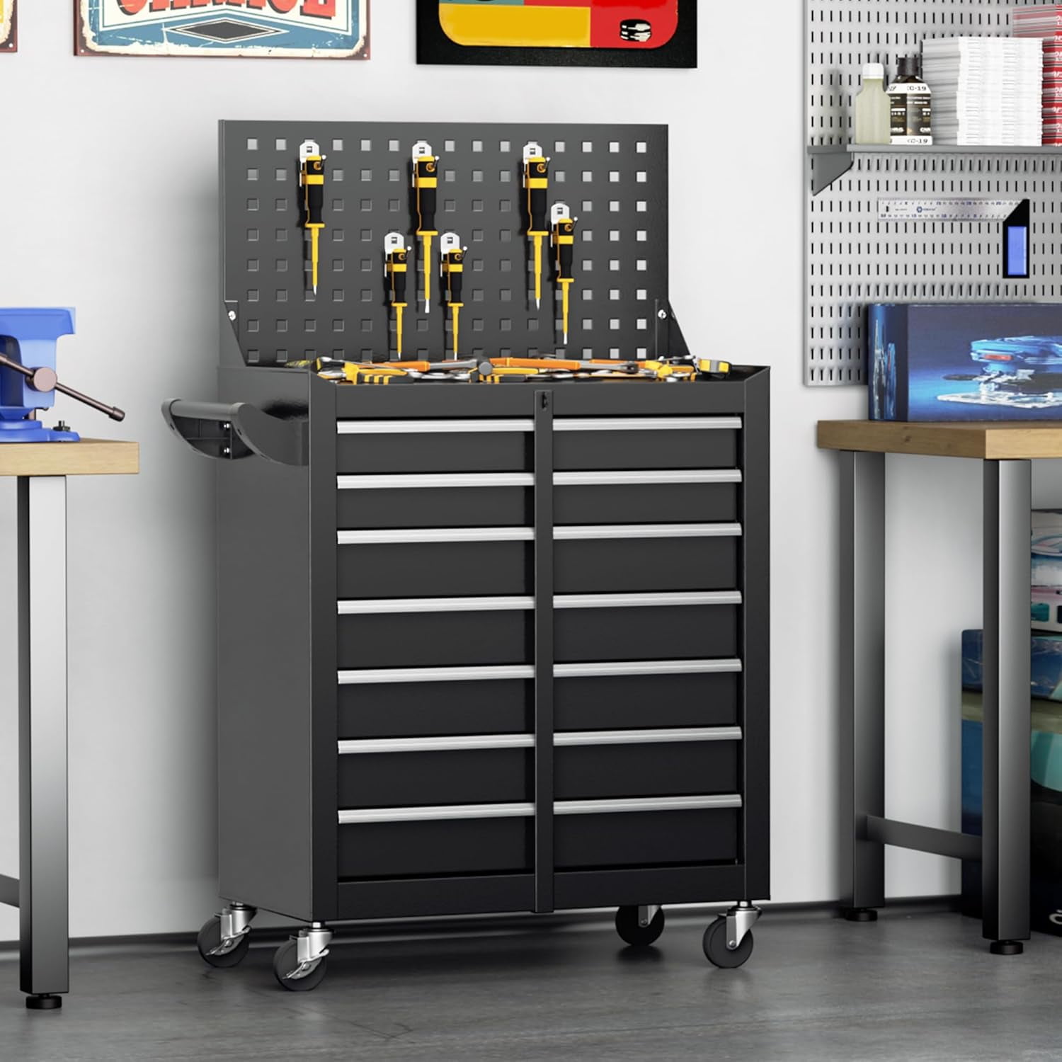 SOLAURA 7-Drawer Rolling Tool Chest with Top Pegboard and Hooks, Metal Tool Box with Wheels and Handle for Garage, Workshop, Warehouse, Black