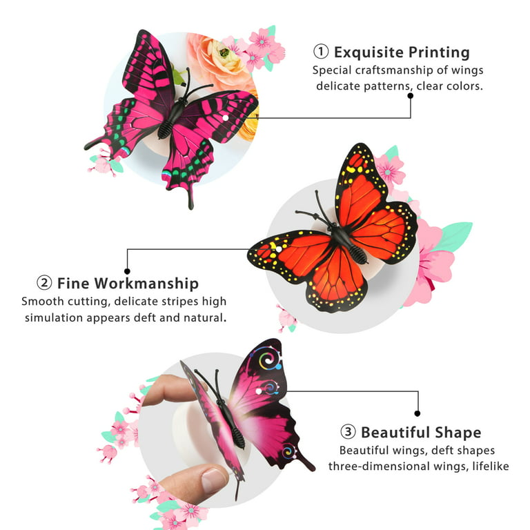 100 Pcs Colorful Butterfly Decals, 3D Butterfly Wall Stickers, Plastic Butterfly Wall Decor for Birthday Party, Wedding, Home Bedroom DIY Crafts