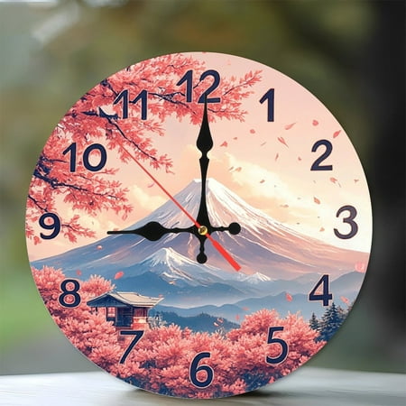 Japanese Mount Fuji Cherry Blossom Wall Clock 10-Inch Silent Wooden Wall Clock, Battery Operated (AA Batteries Not Included), Artistic Home Decor