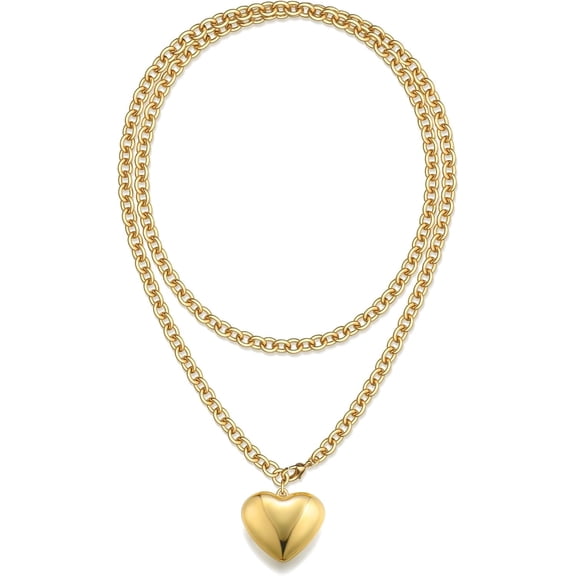16k Chunky Gold plated Necklace for Women, 36'' /92cm Long Gold Chunky Heart Necklace Bold Statement Necklaces Thick Puffy Heart Pendant Long Chain Necklaces for Women Trendy