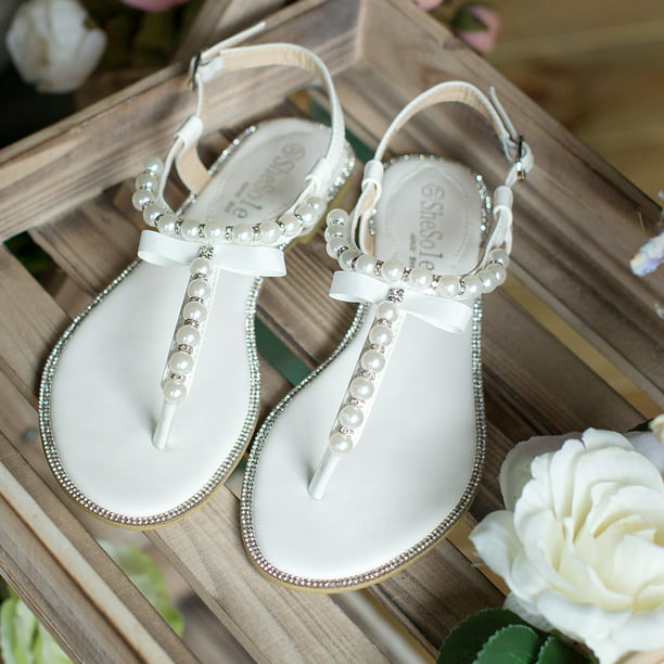 SheSole White Flat Sandals for Women T Strap Pearls Beach Wedding Shoes ...