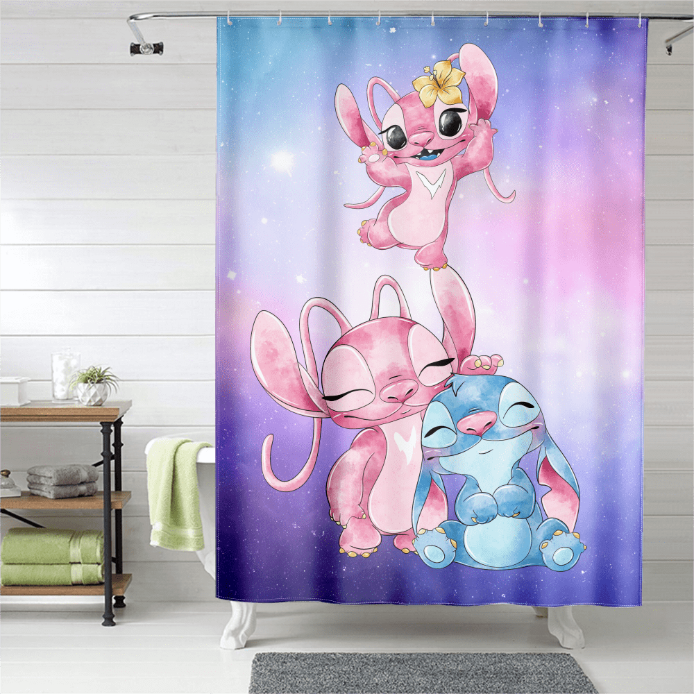 Lilo & Stitch Shower Curtain Polyester Fabric Thickened Bathroom Decor Set  Accessories Waterproof Shower Curtains Fabric Machine Washable with Hooks 