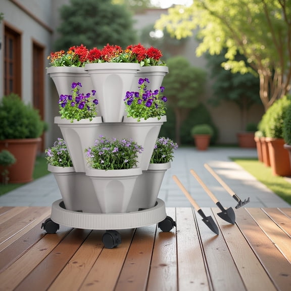 Active Mind Ltd Vertical Garden Planter Tower - 3-Tier Stackable Flower Pots for Small Spaces, Indoor/Outdoor Use, Plastic Container with Drainage Holes for Herbs & Succulents (Agreeable Gray)