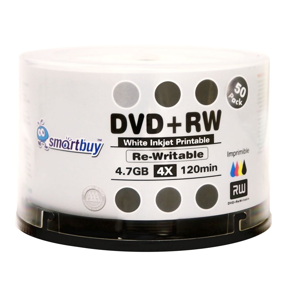100 Pack Smartbuy Blank DVD+RW 4x 4.7GB 120Min White Inkjet Hub Printable Rewritable DVD Media Disc