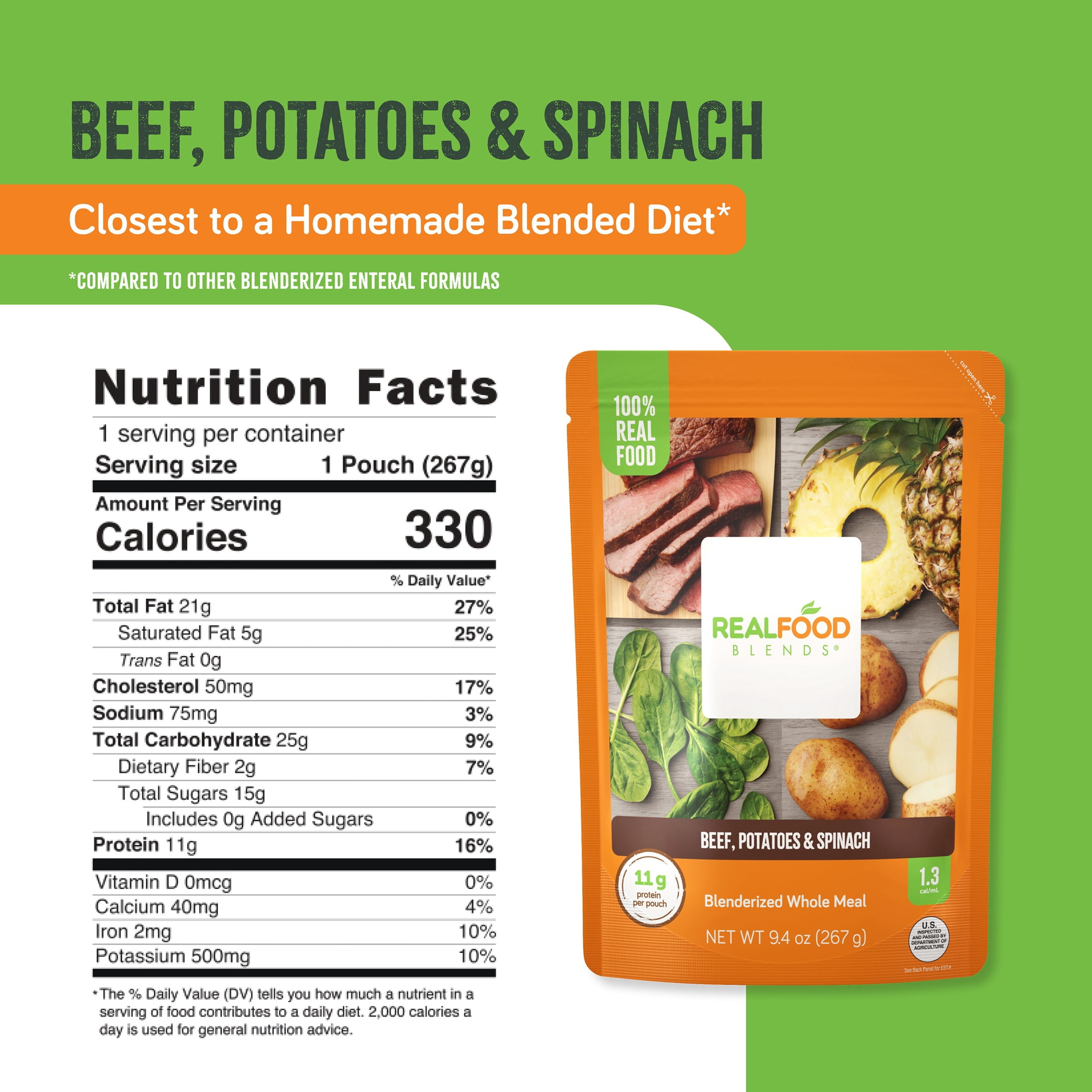 Real Food Blends Beef, Potatoes & Spinach - Pureed Food Meals for Tube Feeding with Protein, Vegetables & Fruits - 330 Calories for Lunch & Dinner - 9.4 oz (Pack of 12)