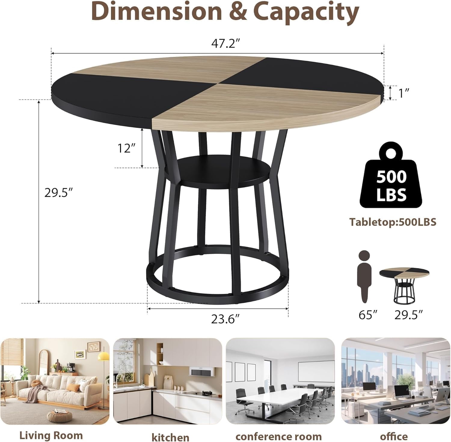 JoanKaren 47.2" Farmhouse Round Dining Table,Space Saving Wood Kitchen & Dining Room Circle Table Furniture with Storage and Metal Legs,Black Oak