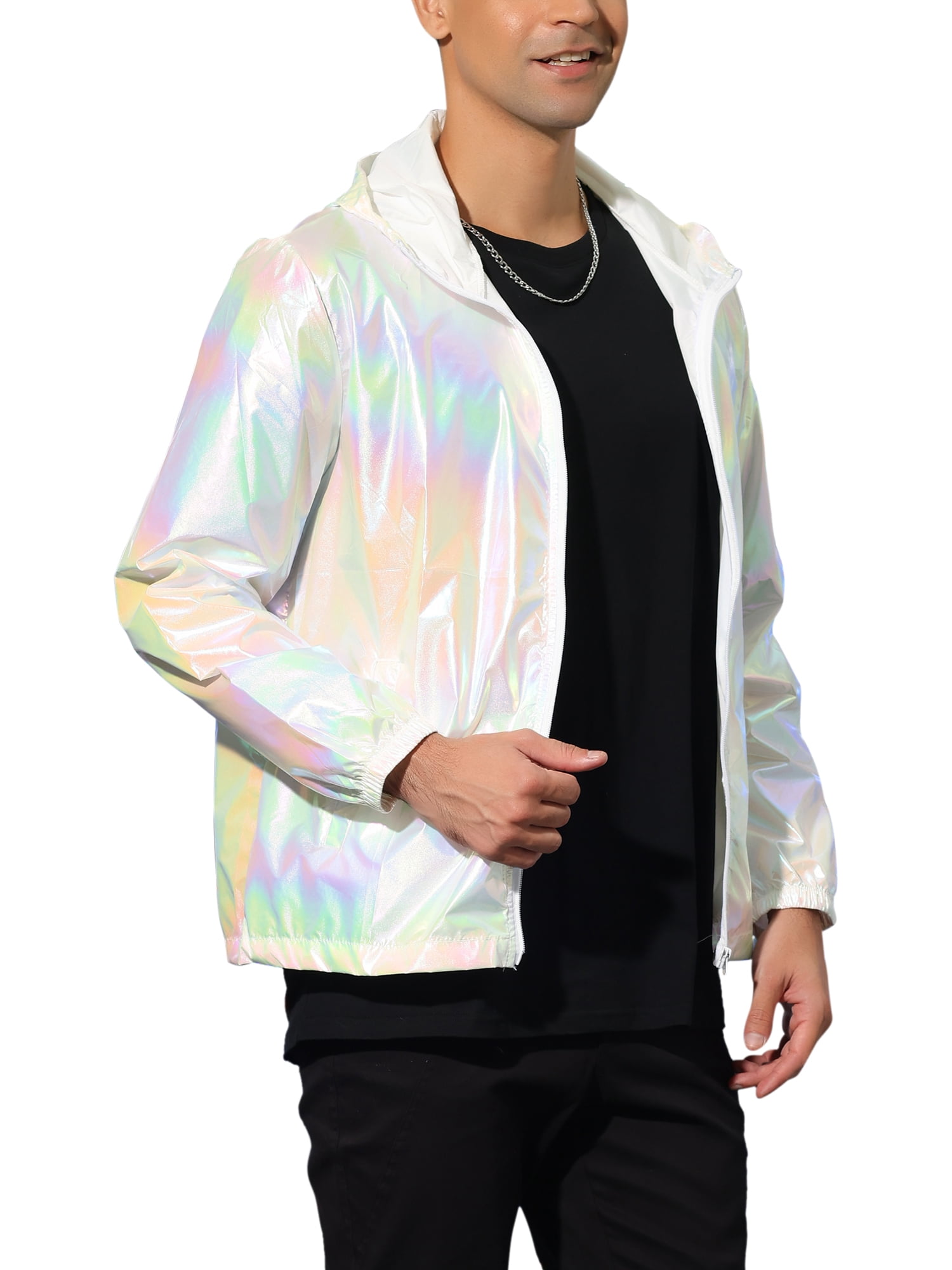 INSPIRE CHIC Edition Men's Jacket Metallic Zip up Hooded Lightweight Holographic Shiny Jackets L White