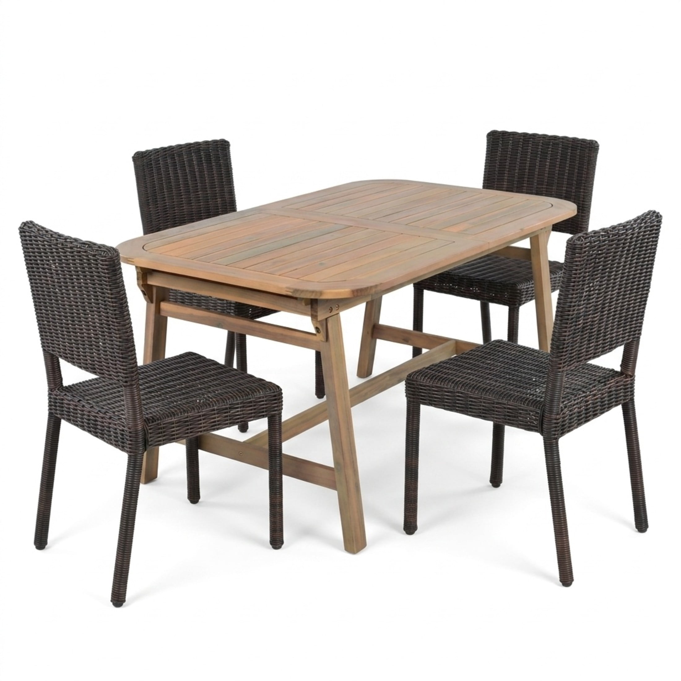 Christopher Knight Home 5-Piece Outdoor Dining Set, Extendable Acacia Table with Wicker Chairs, Teak+Brown