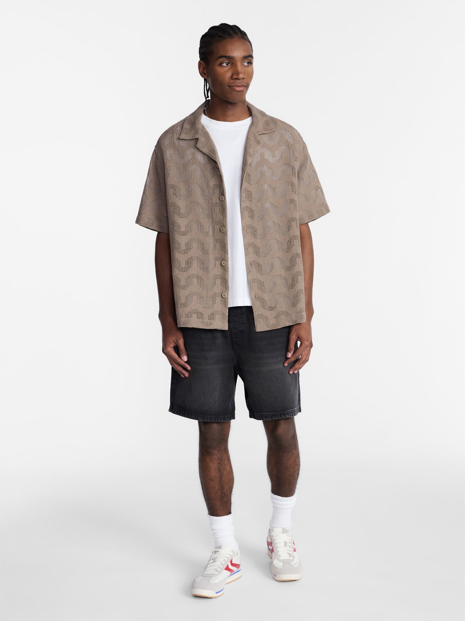 No Boundaries Textured Wave Design Resort Shirt with Short Sleeves, Men's XS-4XLT