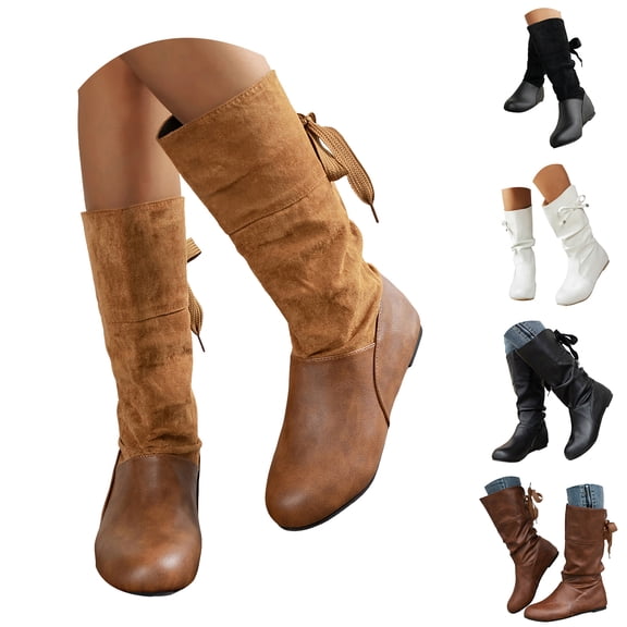 Dakaela Womens Slouch Flat Boots Round Toe Mid Calf Cowgirl Western Booties Winter Walking Work Boot