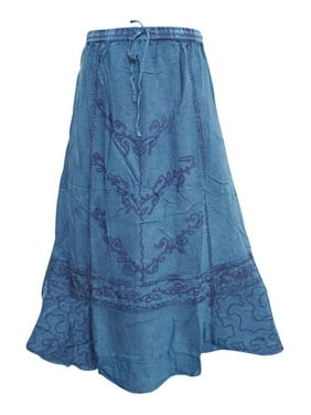 Mogul Womem's Flirty Skirt Blue Embroidered Stonewashed Rayon Peasant Skirts