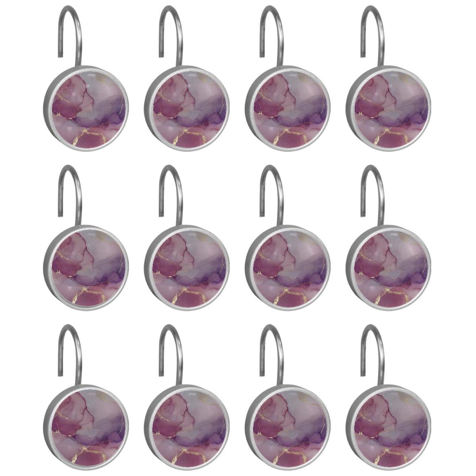 HemaKayy 12 Pcs Shower Curtain Hooks Bathroom Decorative Accessories Marble Pattern Pink Purple