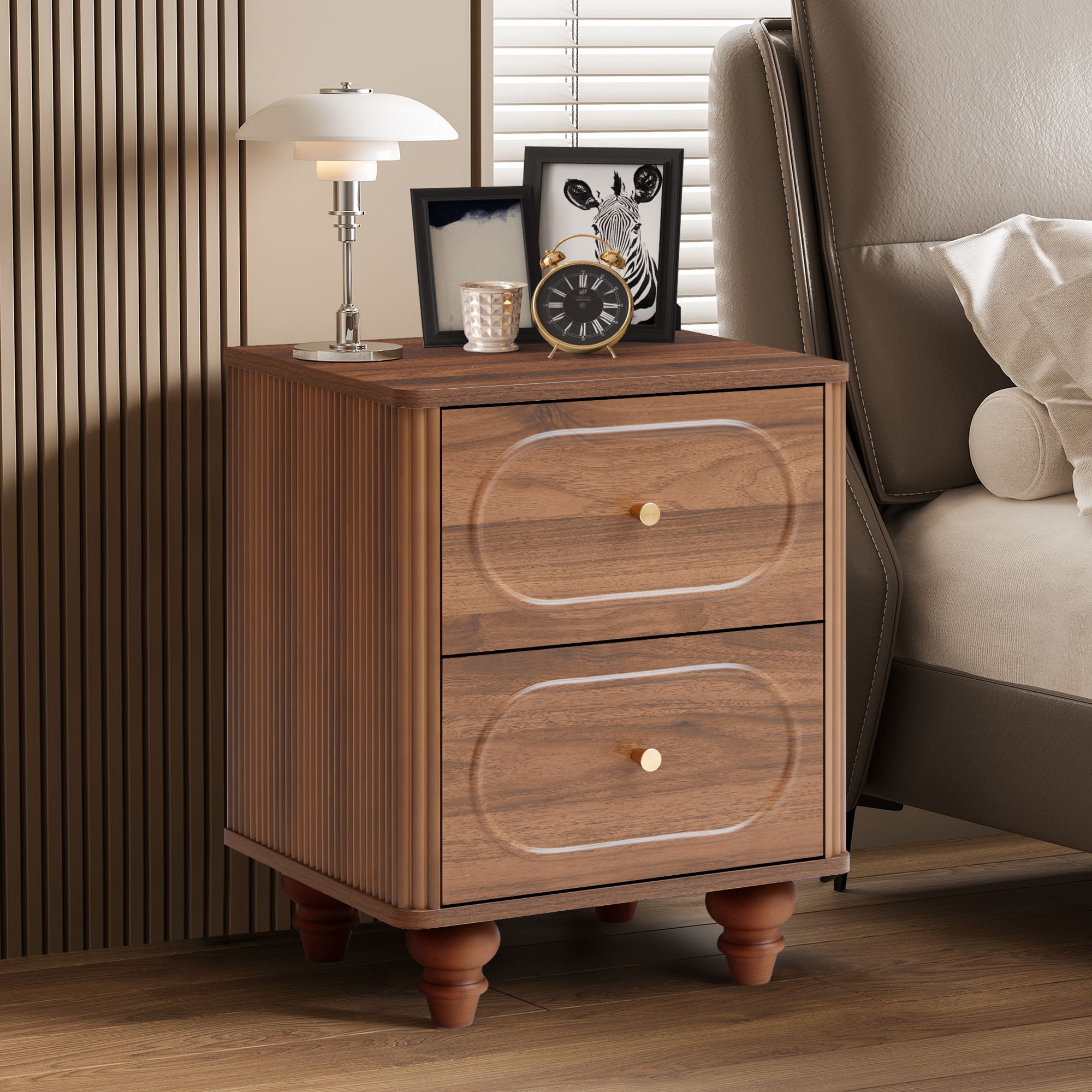 Wirrytor 2-Drawer Fluted Nightstand Set of 2, Mid-Century  Bedside Table , Night Stands for Bedroom, Sofa Side End Table with Drawers for Small Spaces (Walnut)