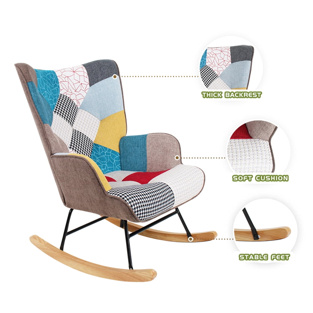 Resenkos Comfortable Relax Rocking Chair with Wood Legs and Patchwork Linen for Livingroom Bedroom,Colorful Resenkos Comfortable Relax Rocking Chair with Wood Legs and Patchwork Linen for Livingroom Bedroom,Colorful