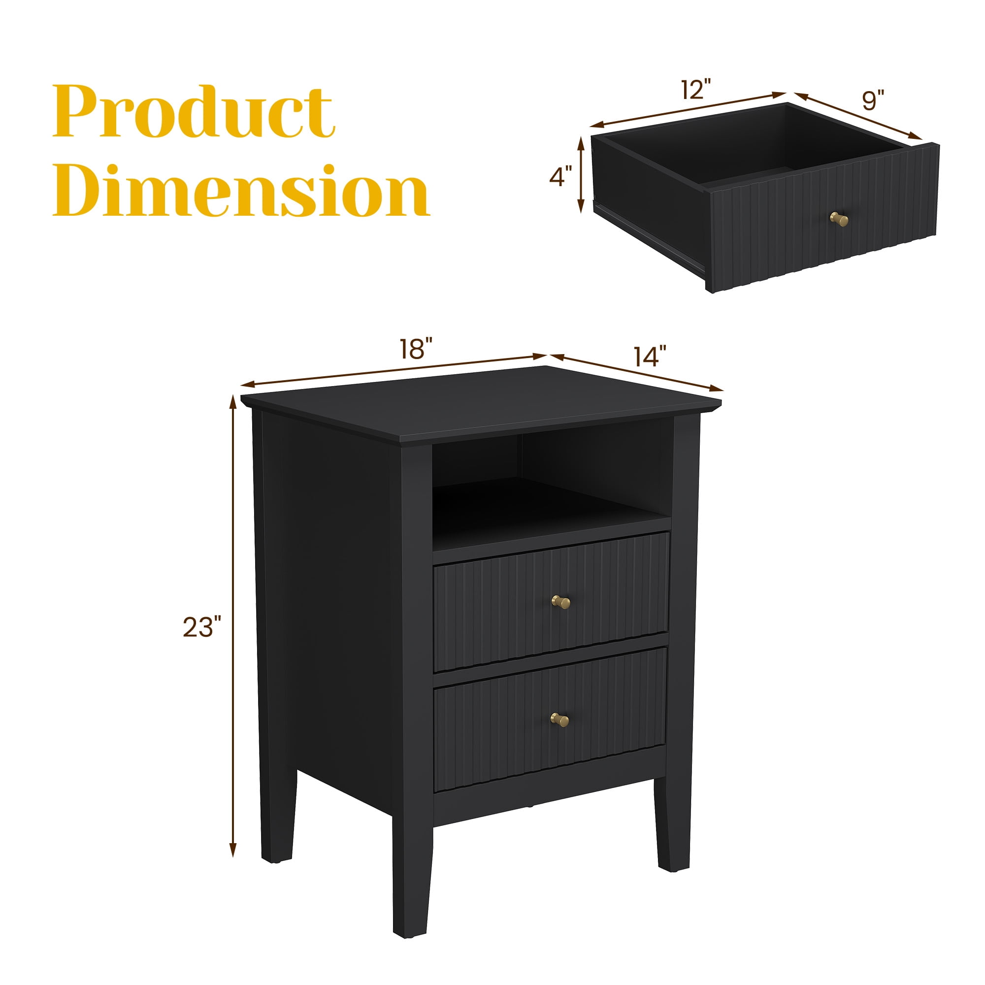 CozyHome Fluted Nightstand Set of 2, Modern Side Table with 2 Drawers and Storage Shelf, for Bedroom, Living Room, Black