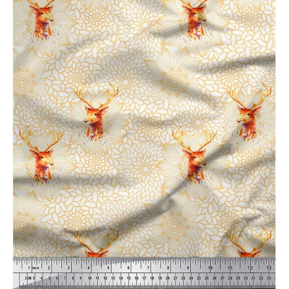 Soimoi Cotton Cambric Fabric Artistic Flower & Reindeer Face Animal Printed Fabric 1 Yard 56 Inch Wide