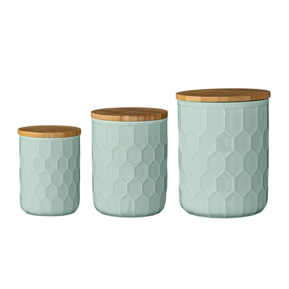Desert Fields Mint Green Stoneware Canister with Bamboo Lid, Set of 3 Pieces