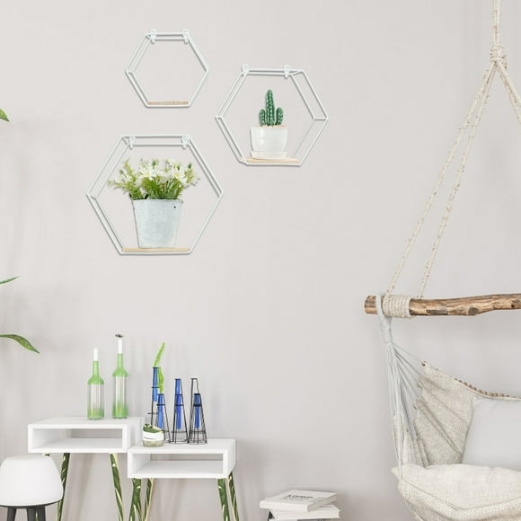 3Pcs Hexagon Shape Wall Floating Shelves for Living Room Bedroom Anti Rust Wall Mounted Storage Shelves Decorative Wall Display Shelves for Displaying Photo Frame Doll