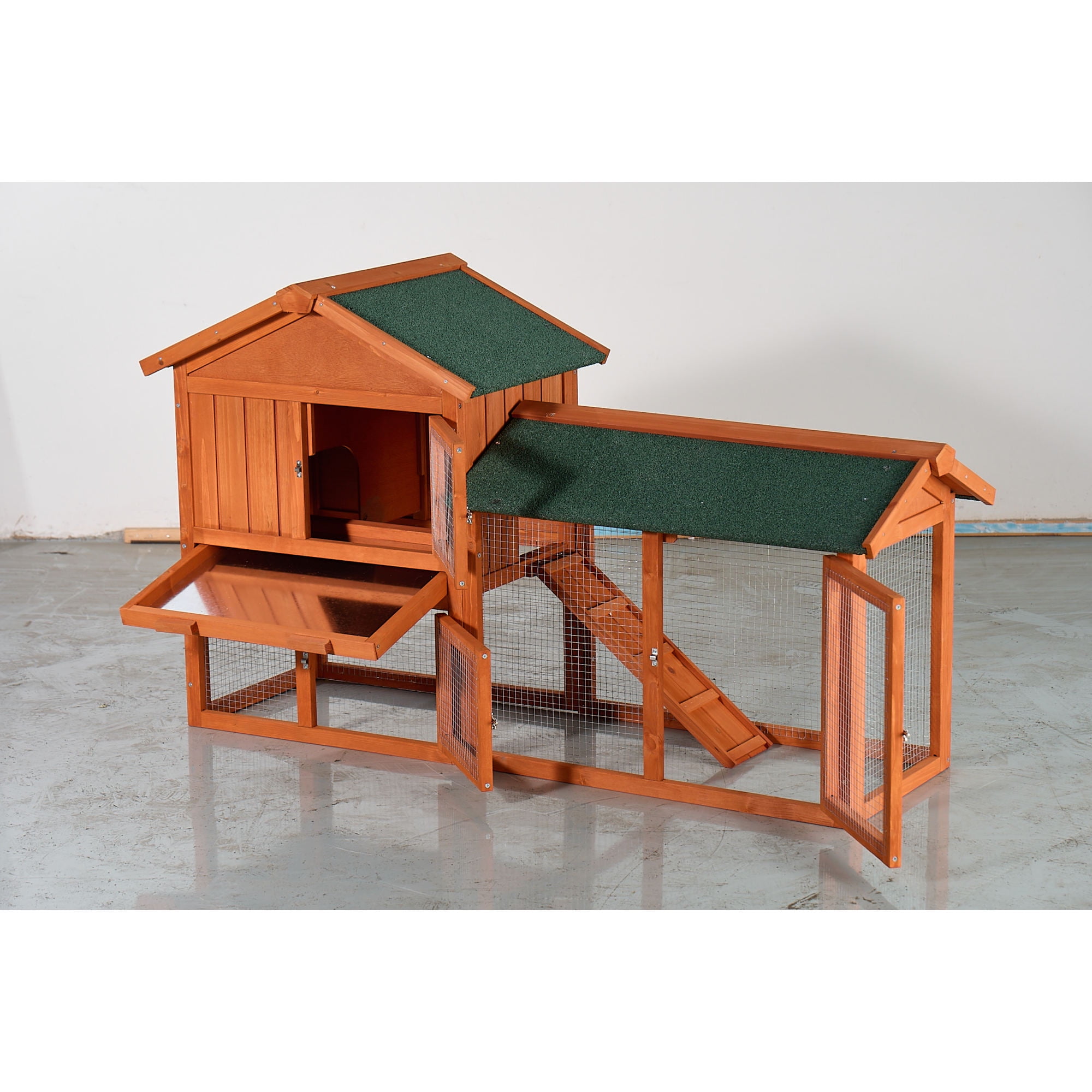 Jopath Large Wooden Rabbit Hutch, 2-Story Outdoor Bunny Cage with Waterproof Asphalt Roof, Pull-Out Tray and Ramp,Fir Wood Pet House for Rabbits,Chickens,Guinea Pigs (Brown & Green)