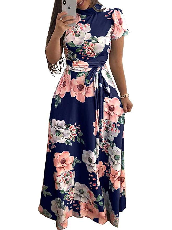 Women's Floral Maxi Dress Short Sleeve 