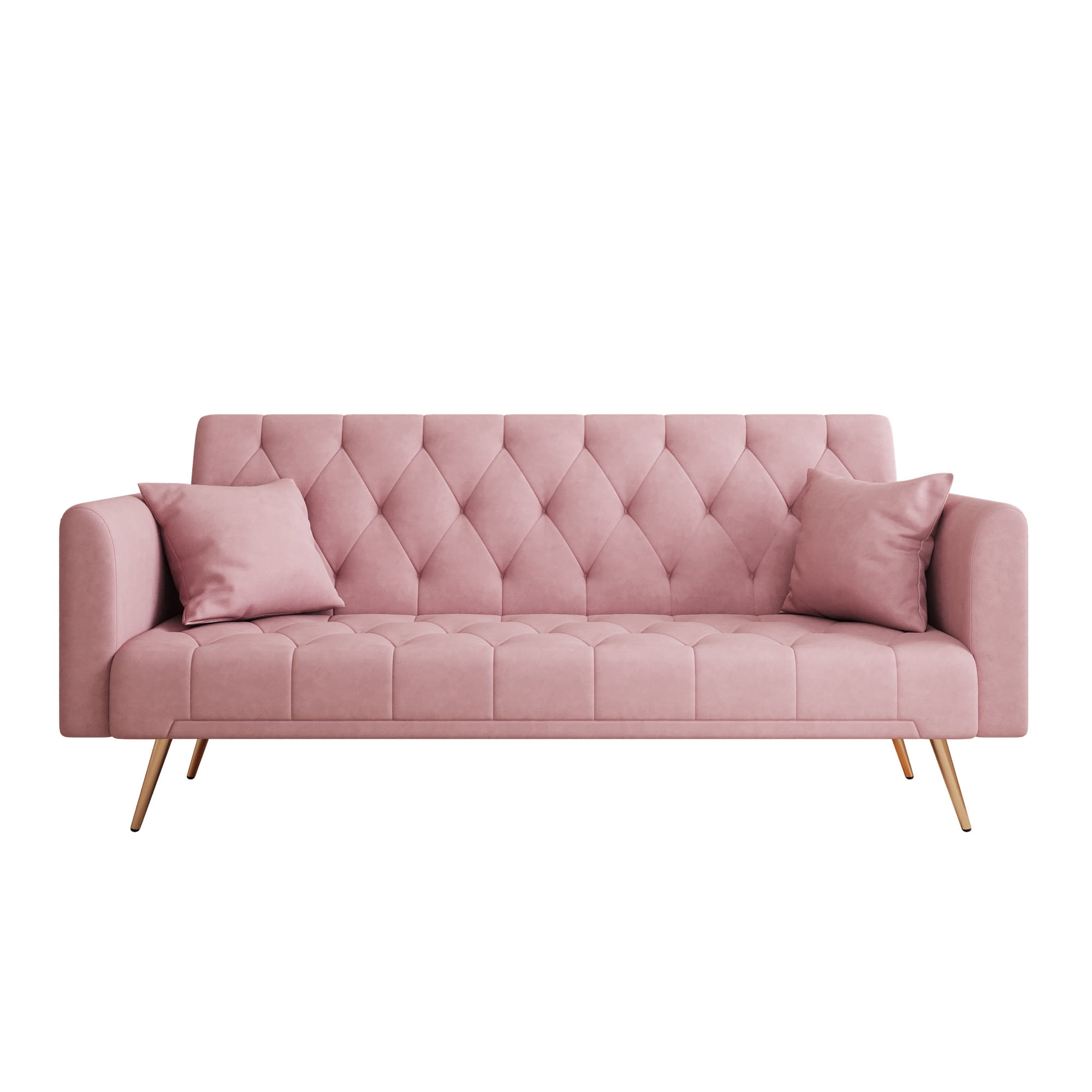 Aukfa Curved Arm Futon Convertible Sofa Bed for Home Office, 2 Pillows, Tufted Back, Velvet, Pink