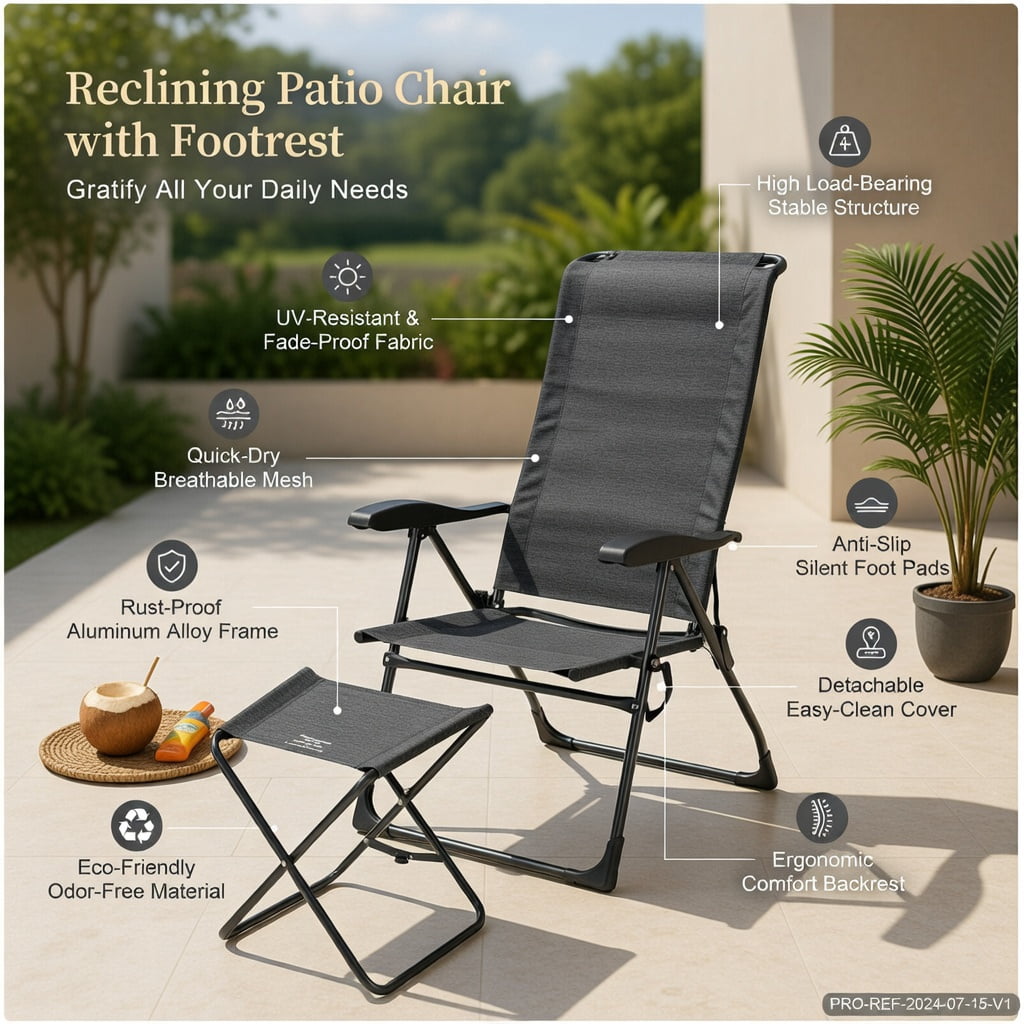 Hommoo 4-Piece Adjustable Reclining Patio Chair & Ottoman Set, Steel Frame with Breathable Mesh, Foldable Outdoor Dining Chairs for Backyard, Garden, Poolside, Gray
