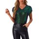 thumbnail image 1 of INSPIRAR CHIC Top Metálico Brillante para Mujeres, Blusa de Manga Corta con Cuello en V, Tops de Lentejuelas para Fiesta XL Verde Azul, 1 of 6
