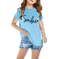 AJTQTH Tshirts for Girls Boys Kids Summer Casual Lightweight Comfortable Fit Clothes Outfits Cute Cartoon Letter Print Tops Short-Sleeved Crewneck Tees Shirts Blouses Light Blue 5 Years