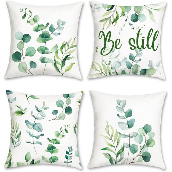 Eucalyptus Leaves Pillow Covers 18x18 Set of 4 Spring Watercolor Sage Green Leaf Decorative Pillowcases Soft Velvet Outdoor for Sofa Couch Car Bedroom Home Decor