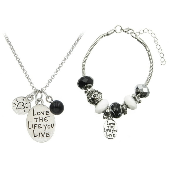 Glam & Glow "Love The Life You Live" Silver Toned Charm Bracelet & Necklace Set