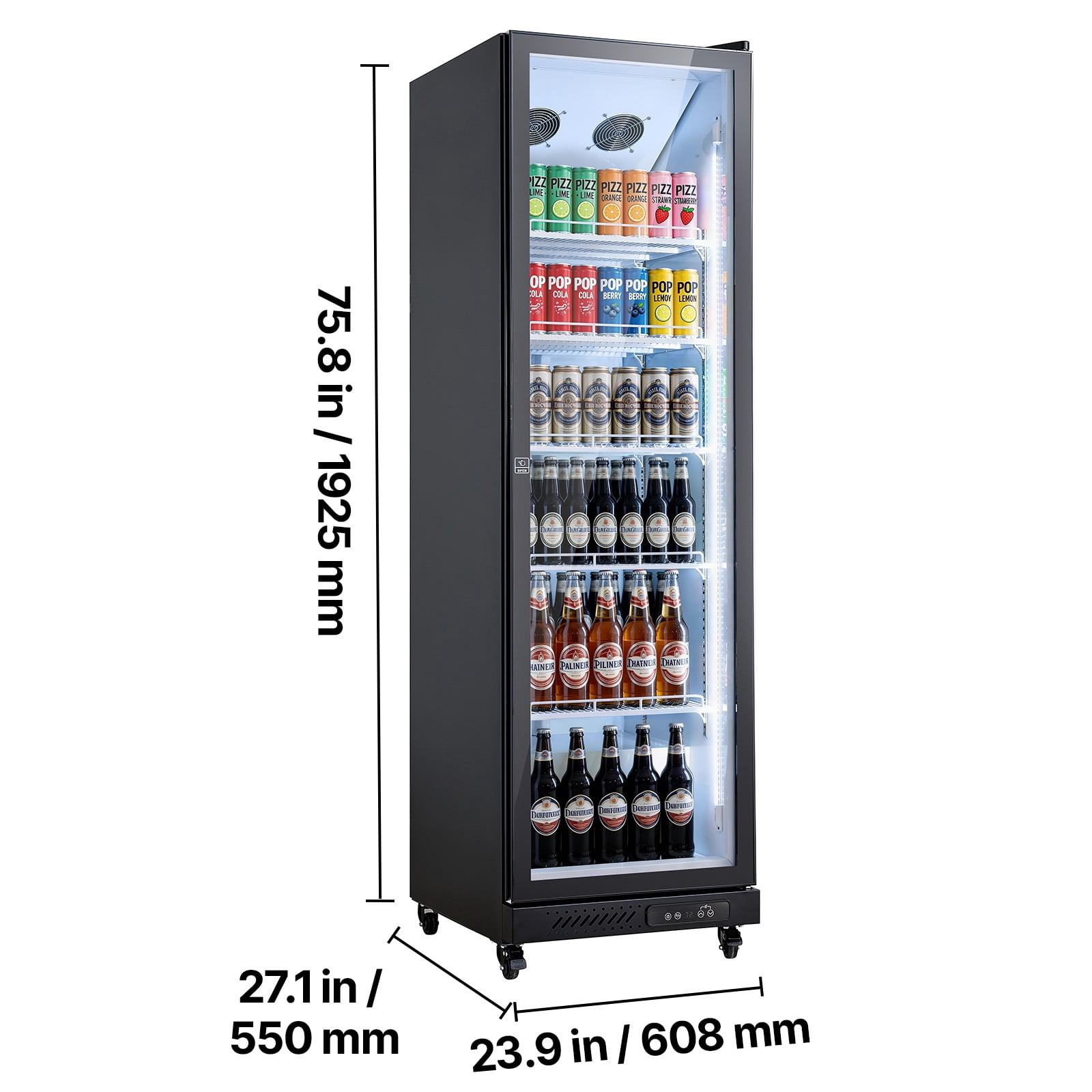 KFFKFF Commercial Merchandiser Refrigerator, 12.4 Cu.Ft / 350 L Upright Beverage Cooler with Glass Door, Adjustable Shelves, LED Lighting, and Casters for Home, Shop, or Bar Use
