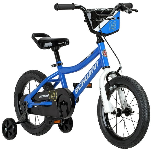 Schwinn Koen & Elm BMX Style Toddler and Kids Bike, For Girls and Boys, 14-Inch Wheels, With Saddle Handle, Training Wheels, Chain Guard, and Number Plate, Recommended Height 36-40 Inch, Blue