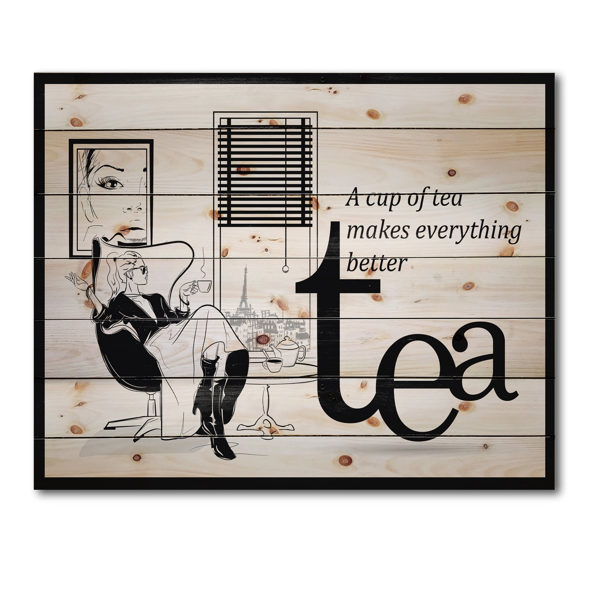 Designart 'Ancient Fashion Girl Drinking A Cup Of Tea' Vintage Print on Natural Pine Wood