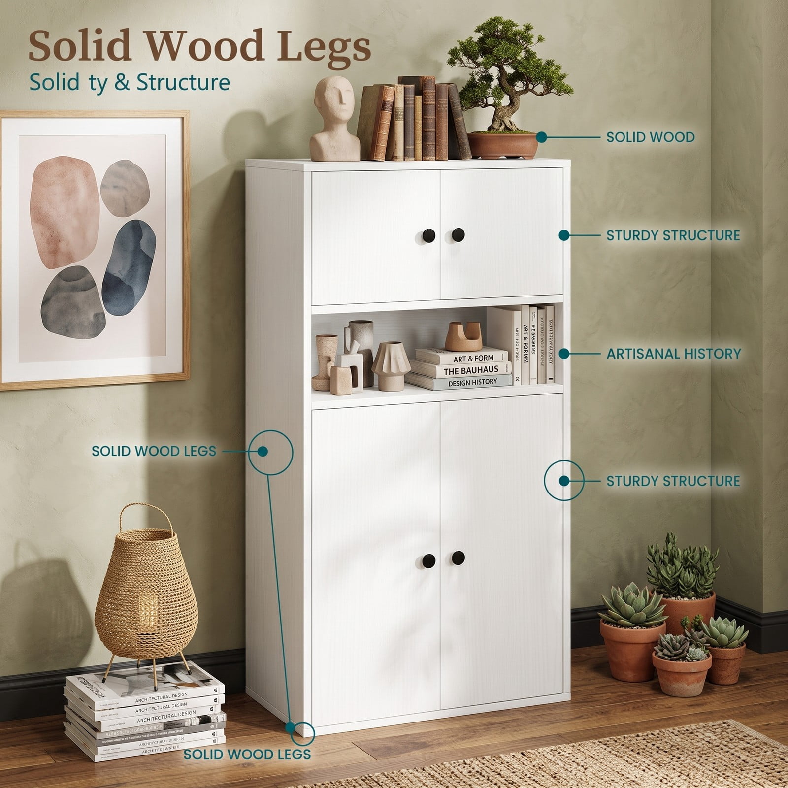 Furnibear 44 Inch Tall Bookshelf with Doors and Adjustable Shelf, Wood Storage Bookcase Cabinet with 2 Enclosed Cabinets and Open Compartment for Home Office, White