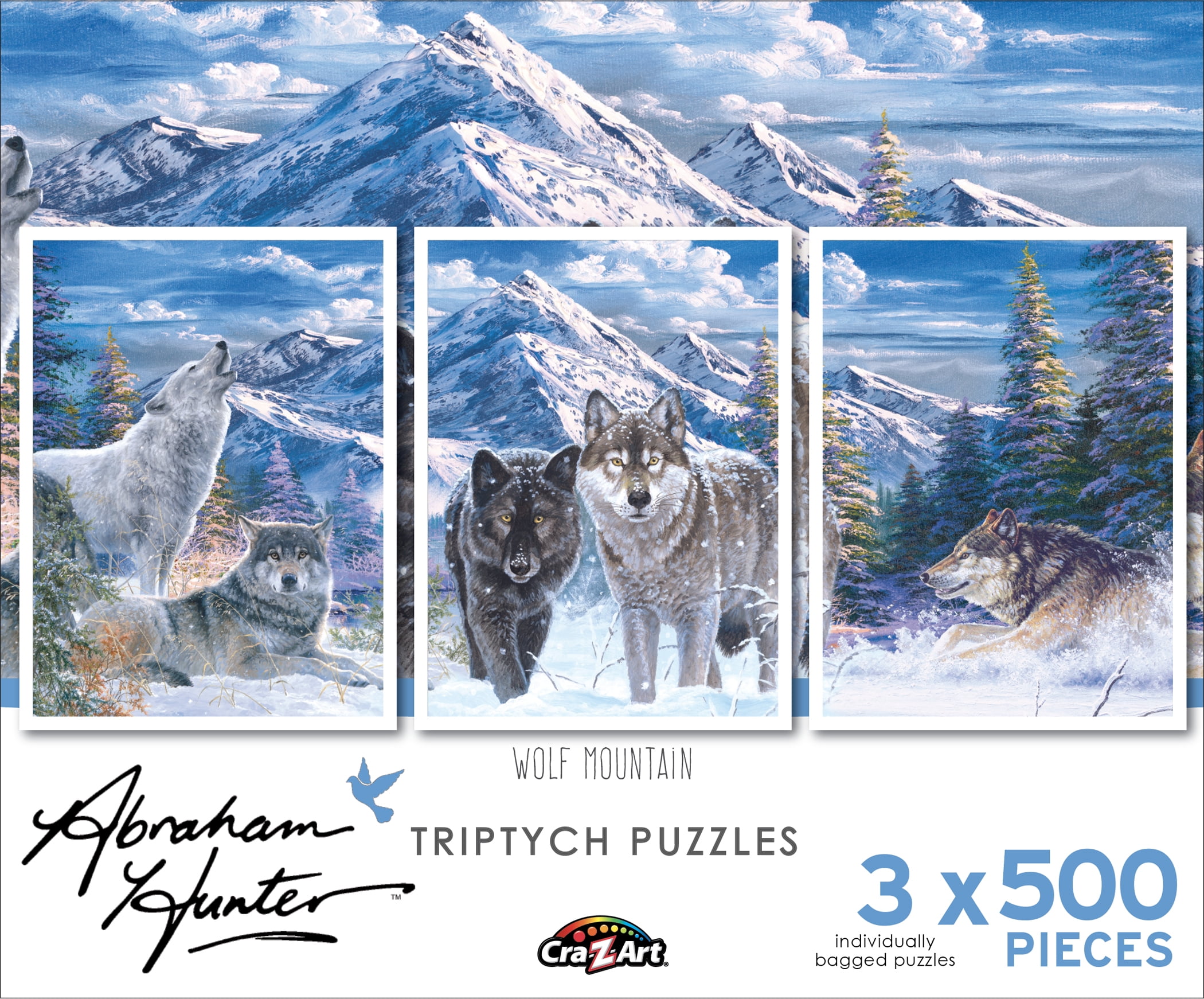 Cra-Z-Art Abraham Hunter Triptych 500-Piece 3 Pack Wolf Mountain Adult Jigsaw Puzzle
